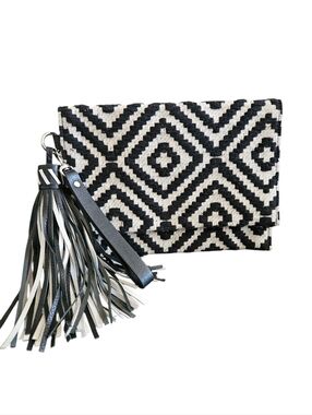 Rebecca Minkoff Black & White Geometric Leather Tassel Wristlet Clutch